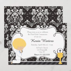 Invitation Blonde Boy Première Communion Damask
