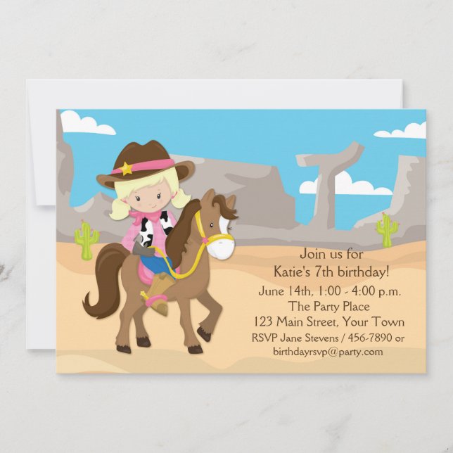 Invitation Blonde Cowgirl à cheval, anniversaire (Devant)