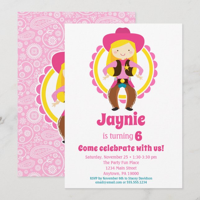 Invitation Blonde Cowgirl fête d'anniversaire (Devant / Derrière)