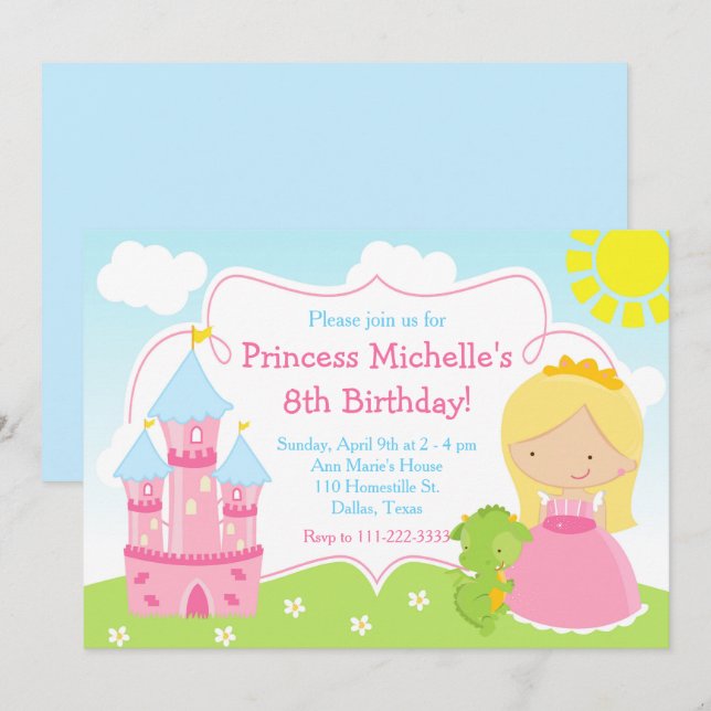 Invitation Blonde Cute Princess et Dragon Anniversaire (Devant / Derrière)