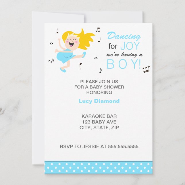 Invitation Blonde Danser pour la joie bleu moderne baby showe (Devant)