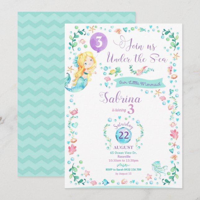 Invitation Blonde de partie de sirène d'invitation (Devant / Derrière)