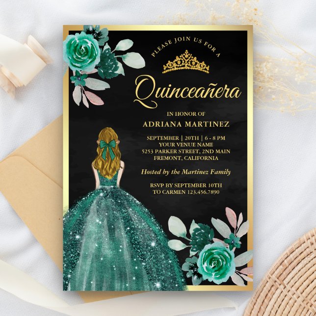 Invitation Blonde Emerald Robe Black Gold Quinceanera (Créateur téléchargé)