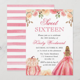 Invitation Blonde Girl en Robe Rose Floral Citrouille Sweet 1