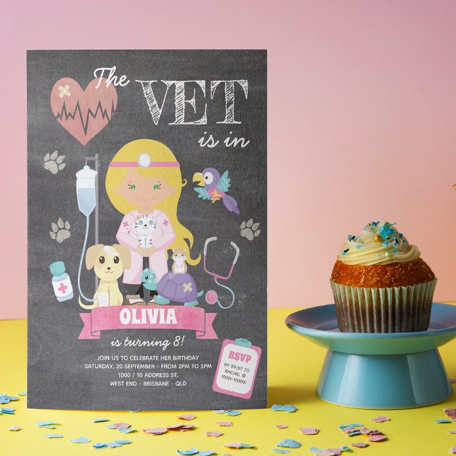 Invitation Blonde Green Eyed Chalkboard Vet Anniversaire (This girl’s vet birthday invitation is just the right medicine to your celebration!)