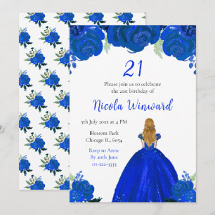 Invitation Blonde Hair Princess Blue Floral Anniversaire