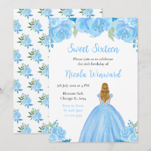 Invitation Blonde Hair Princess Blue Floral Sweet sixteen
