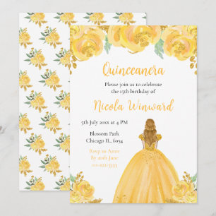 Invitation Blonde Hair Princess Gold Floral Quinceanera