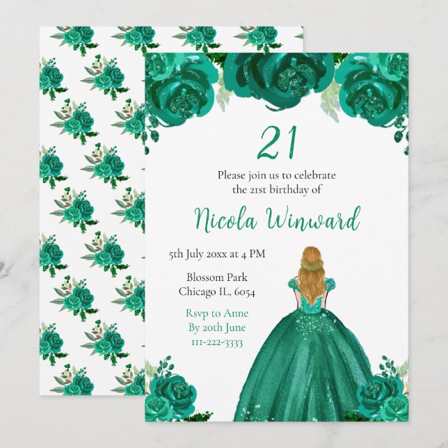 Invitation Blonde Hair Princess Green Floral fête d'anniversa (Devant / Derrière)