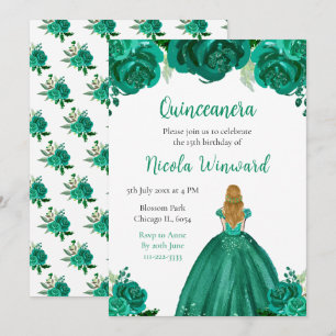 Invitation Blonde Hair Princess Green Floral Quinceanera