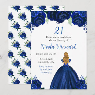 Invitation Blonde Hair Princess Navy Floral Birthday Party