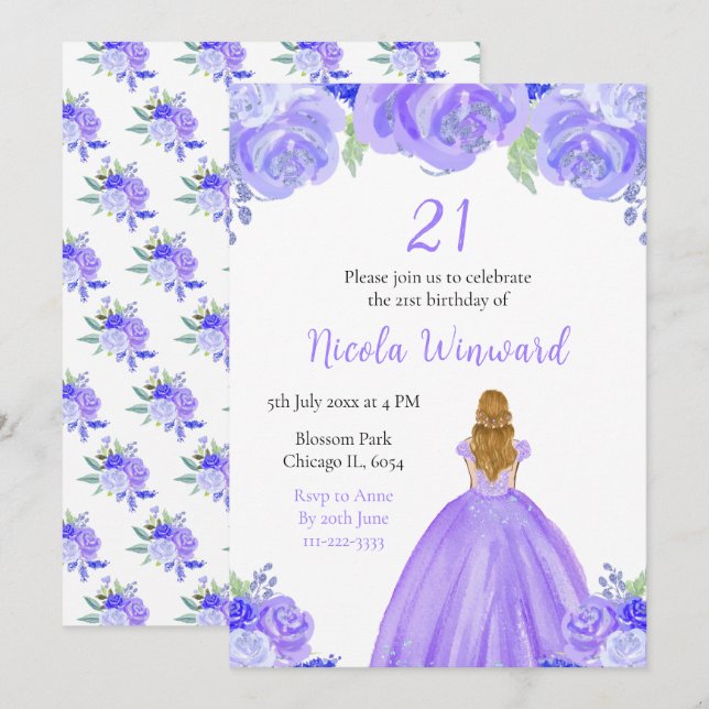 Invitation Blonde Hair Princess Purple Floral Anniversaire (Devant / Derrière)