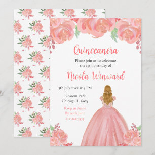 Invitation Blonde Hair Princesse rose Floral Quinceanera