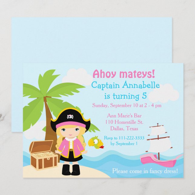 Invitation Blonde mignonne fille Pirate en rose fête d'annive (Devant / Derrière)