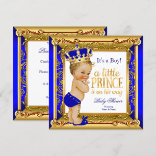 Invitation Blonde Prince Baby shower Bleu Faux Or