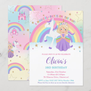 Invitation Blonde Princess Unicorn Anniversaire Party Rainbow