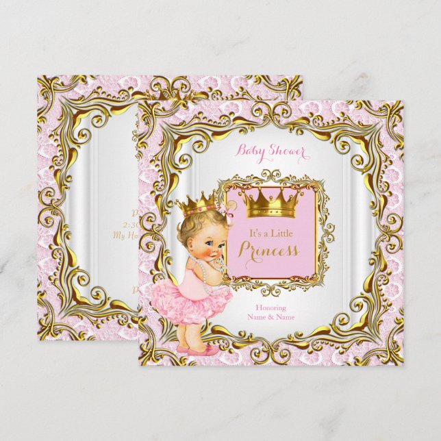 Invitation Blonde Princesse Baby shower Rose dentelle Blanc O (Devant / Derrière)