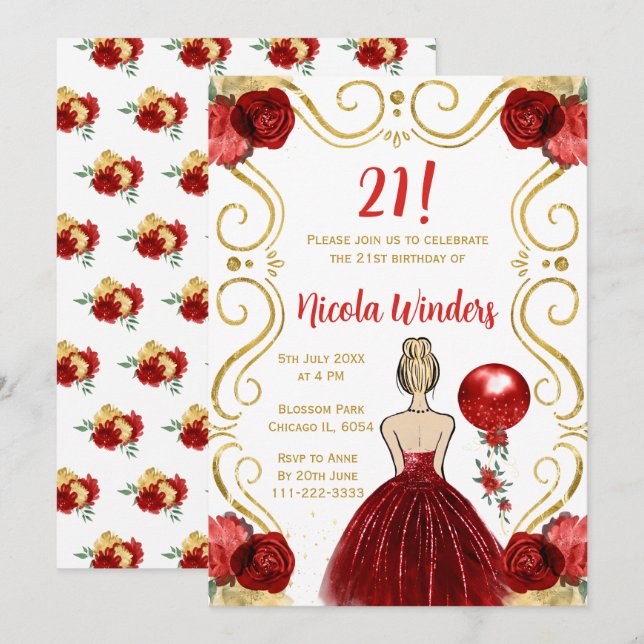 Invitation Blonde Princesse de fête d'anniversaire en rouge (Devant / Derrière)