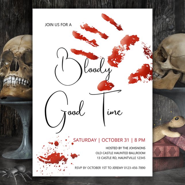 Invitation Bloody Bon Temps Halloween Invitation, Main Sangla (Bloody good time Halloween invitation with bloody handprint invite blood splatter)
