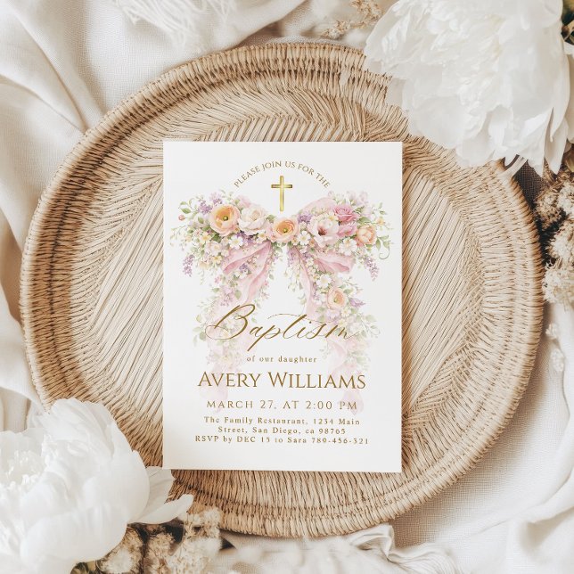 Invitation Bloom Floral Bow Girl Baptism (Créateur téléchargé)