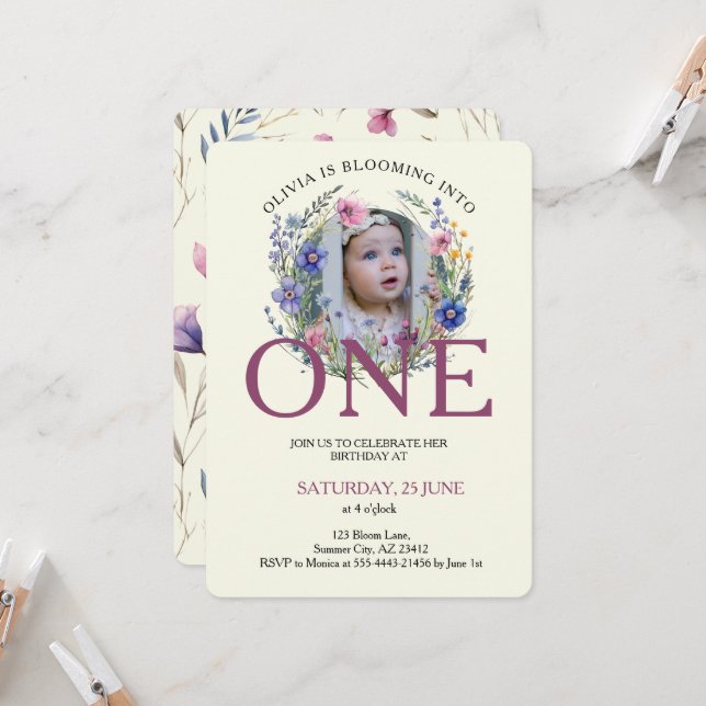 Invitation Bloomin en un Fleur sauvage Photo 1er anniversaire (Devant/Arrière en situation)