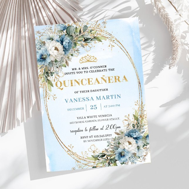 Invitation Blooming Pastel Blue Gold Eucalyptus Quinceañera  (Blooming Pastel Blue Gold Eucalyptus Quinceañera Invite

)
