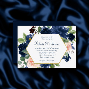 Invitation Blooms Chics Cadre bleu marine et or rose