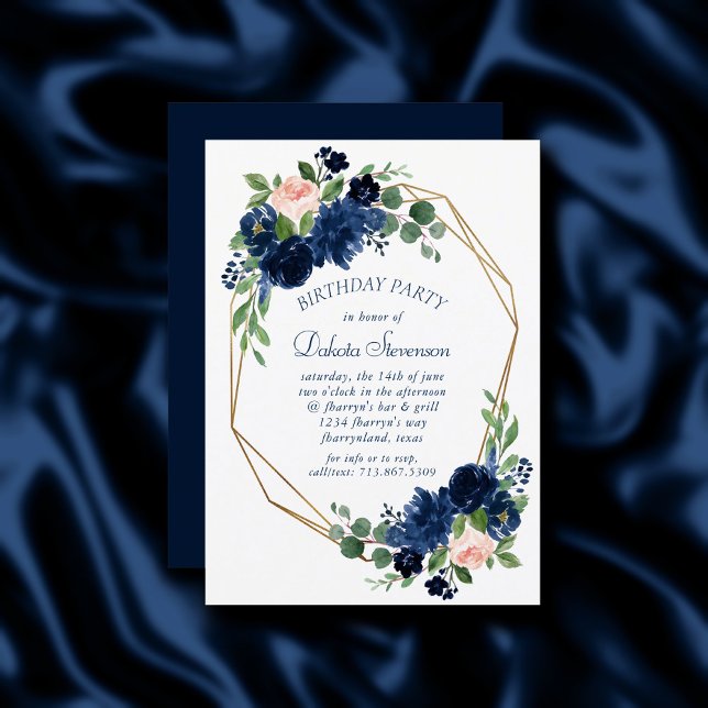 Invitation Blooms Chics | Marine bleu et rose pâle Anniversai (Créateur téléchargé)