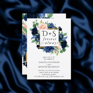 Invitation Blooms Chics   Photo Monogramme bleu marine et bla