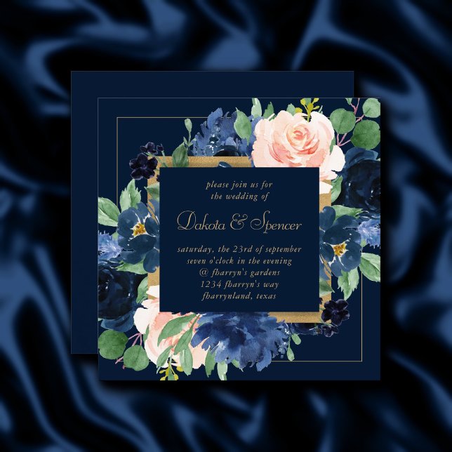 Invitation Blooms Chics | Sombre marine bleu et bleu de la co (Créateur téléchargé)