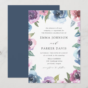 Invitation Blooms de minuit   Mariage floral pourpre et bleu