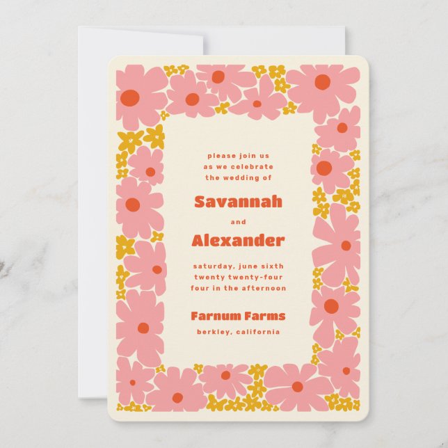 Invitation Blooms Super rose et orange Boho Mariage (Devant)