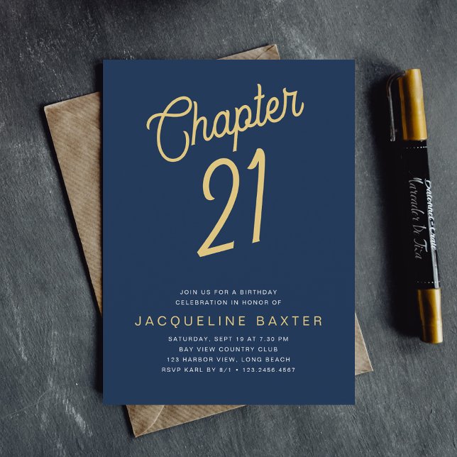 Invitation Blue 21st Birthday Gold Script 21 Birthday (Créateur téléchargé)