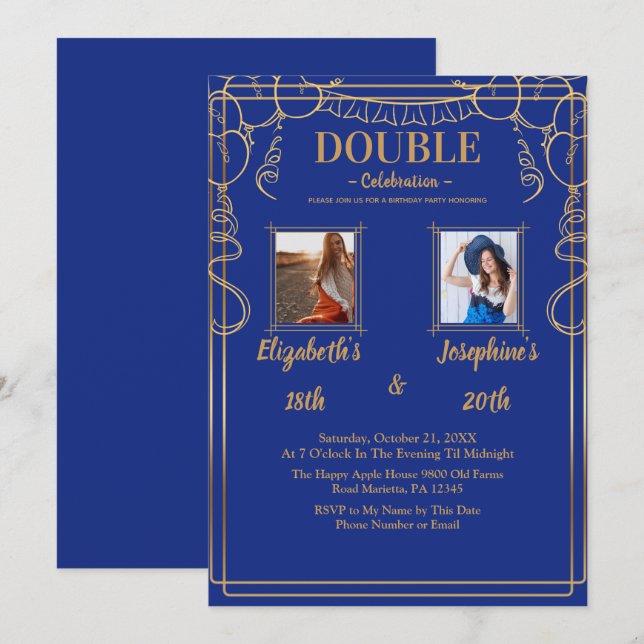 Invitation Blue Adult Joint Anniversaire Party 2 Photo (Devant / Derrière)
