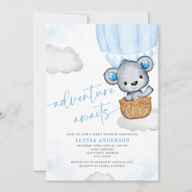 Invitation Blue Adventure Attend Bear Balloon Baby shower gar (Devant)