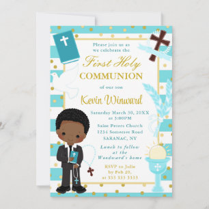 Invitation Blue African American Boy First Holy Communion