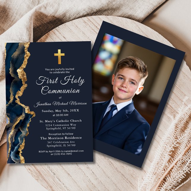Invitation Blue Agate Gold First Holy Communion Photo (Créateur téléchargé)