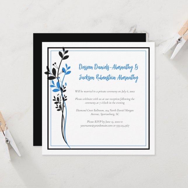 Invitation Blue and Black Modern Botanical Reception Only | (Devant/Arrière en situation)