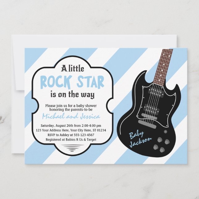 Invitation Blue and Black Rock Star Rock a Bye Baby shower (Devant)