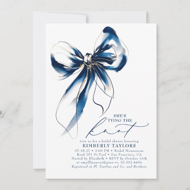 Invitation Blue and Gold Bow Elegant Whimsical Bridal Shower (Devant)