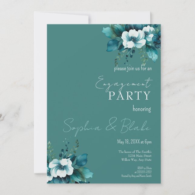 Invitation Blue and Green Floral Dark Green Engagement Party (Devant)