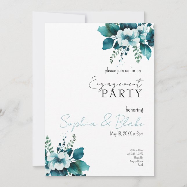 Invitation Blue and Green Floral White Engagement Party (Devant)