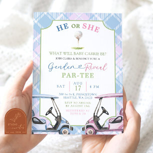 Invitation Blue and Pink Preppy Golf Révélation de genre