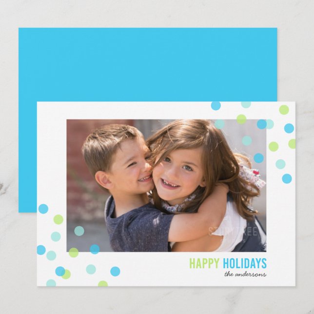 Invitation Blue Aqua Green Confetti Photo Happy Holidays Card (Devant / Derrière)