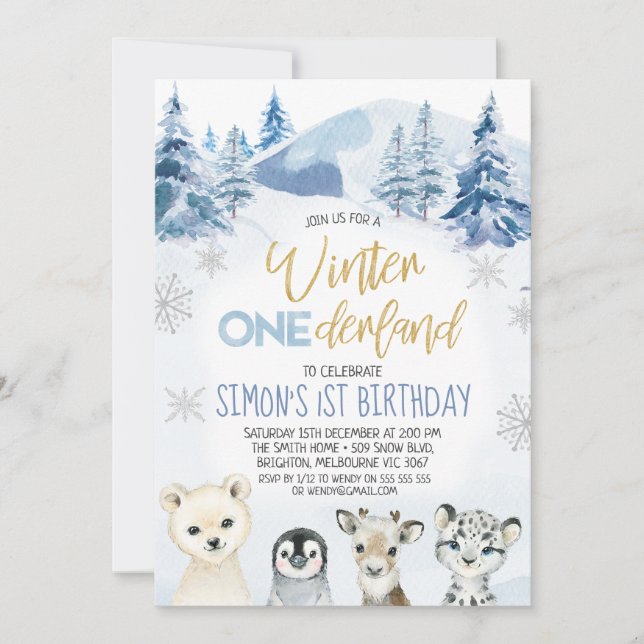 Invitation Blue Arctic Animaux Hiver Onederland Anniversaire (Devant)
