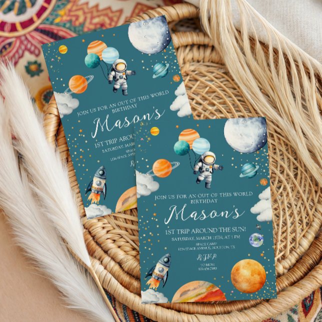 Invitation Blue Astronaut Balloon Planets 1st Trip Around (Créateur téléchargé)