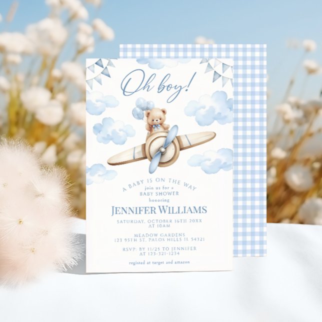 Invitation Blue Avion Teddy Bear Oh Boy Baby shower (Créateur téléchargé)