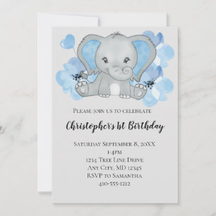 Invitation Blue Baby Boy Elephant Fleurs Ballons Anniversaire