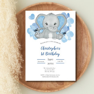 Invitation Blue Baby Boy Elephant Fleurs Ballons Anniversaire