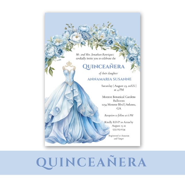 Invitation Blue Ball Gown Blue Floral Quinceañera |  (Créateur téléchargé)